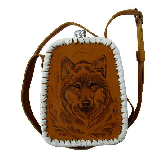 Фляга 1л. Пирамида в рыжем кожаном чехле