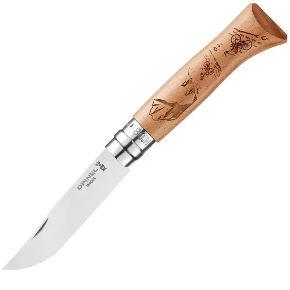 Нож Opinel №8 Alpine adventures, нержавеющая сталь, рукоять бук, гравировка горный велосипед