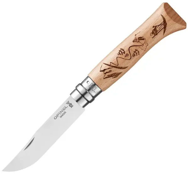 Нож Opinel №8 Alpine adventures, нержавеющая сталь, рукоять бук, гравировка лыжи